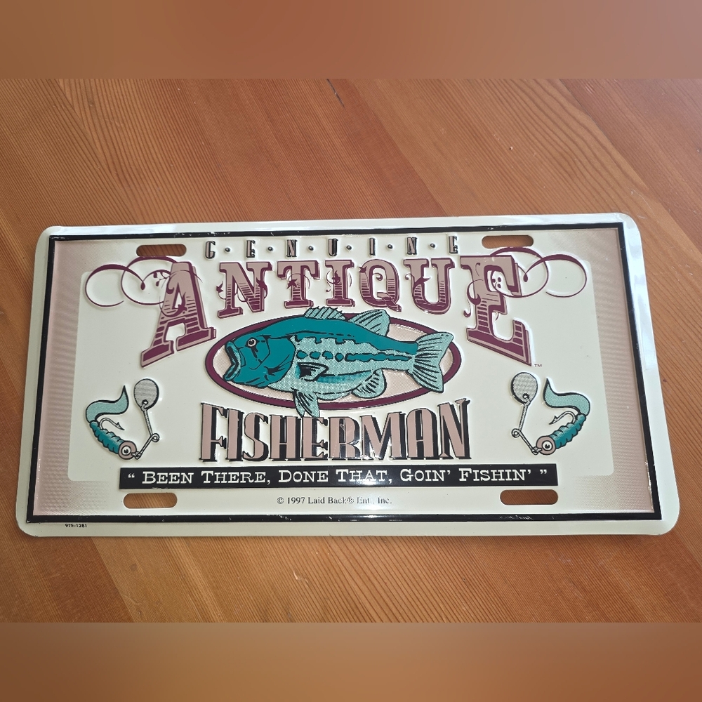 Antique Fisherman Metal License Plate, 12 Inches X 6 inches